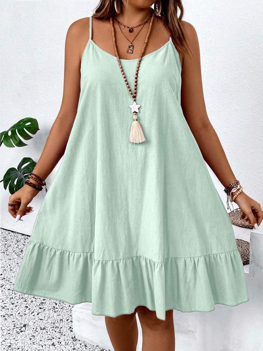 SHEIN Clasi Plus Size Women Solid Color Ruffle Hem Casual Cami Dress - Green - View 1