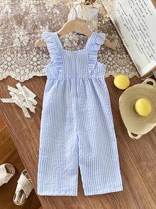 SHEIN 女婴优雅甜美无袖方领编织蓝色格子连体裤，适合度假和日常穿着 - 藍色 - 查看 2