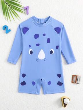 Traje de baño de una pieza de manga larga con estampado de animales para bebés/niños pequeños, protección solar, lindo para vacaciones y juego