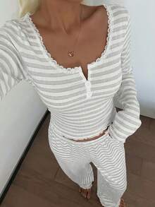 SHEIN Lace Trim Square Collar 2-Button Striped Print Long Sleeve Curve Pajamas Set , Fall & Winter Clothes