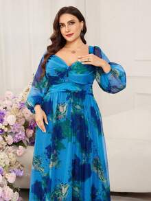Modelyn Plus Size Women Elegant Navy Blue Autumn Wedding Guest Bridesmaids Holiday Allover Print Sweetheart Neck Lantern Sleeve Semi-Sheer Evening Gown Dress - Blue - View 3