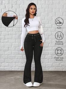 Flexra Women's Drawstring Waist Pockets Casual Versatile Commuting Flare Jeans - Black - View 1