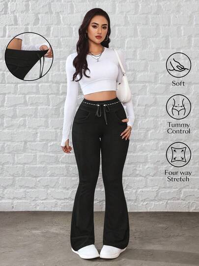 Flexra Women's Drawstring Waist Pockets Casual Versatile Commuting Flare Jeans