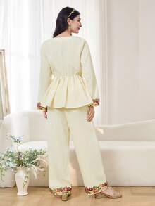 Teen GirlElegant Floral V-Neck Blouse And Pants Holiday Outfit Set - Apricot - View 9