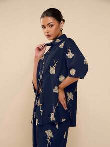 COSMINA Women's Ginkgo Leaf Embroidered Short Sleeve Single-Breasted Casual Loose Shirt - Navy Blue - View 8