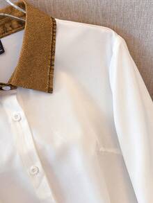 GlowEve Women's Casual & Commute Patchwork Denim Effect Shirt, Autumn/Winter - Apricot - View 4