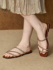 MOTF PREMIUM WOMEN RHINESTONE STRAP SQUARE TOE FLAT SANDALS SPRING SHOES - Brown - View 1