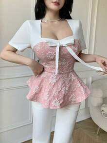 Celisse بلوزة أنيقة مزينة بالزهور والفيونكة ذات أكمام قصيرة - وردي - مشاهدة 6