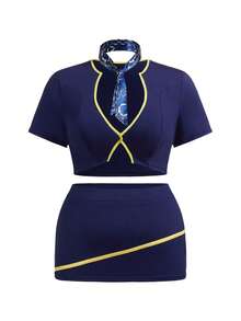 Fantasy Costume 4 قطع من زي مضيفة الطائرة بمقاسات كبيرة، بتصميم جذاب ومرح من قطع متناسقة، مناسب للنحافة، مناسب للبار والحفلات والمهرجانات الموسيقية والألعاب الحميمة - أزرق بحري - مشاهدة 7