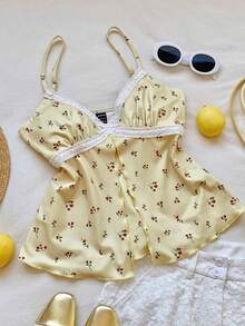 Comfortcana Áo hai dây ren họa tiết hoa nhí mùa hè giản dị - Màu vàng - Xem 5