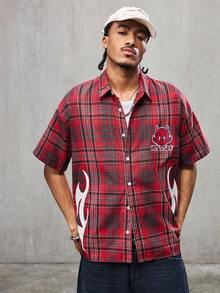 HOT STUFF X SHEIN Men's Casual Plaid Cartoon Embroidered Short Sleeve Shirt, Summer - Burgundy - View 4