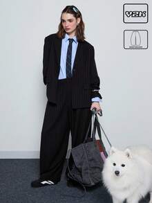 COUREZ Quần ống rộng cạp thấp kẻ sọc dáng suông/Trang phục mùa đông Y2K cho nữ, quần thường ngày, quần công sở, quần áo đi chơi, áo dự tiệc, năm mới, bộ đồ may đo mùa thu đông. - màu đen - Xem 1