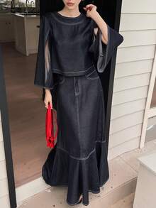 DAZY 女士牛仔圆领上衣和长款牛仔裙两件套休闲装 - 深色水洗藍 - 查看 5