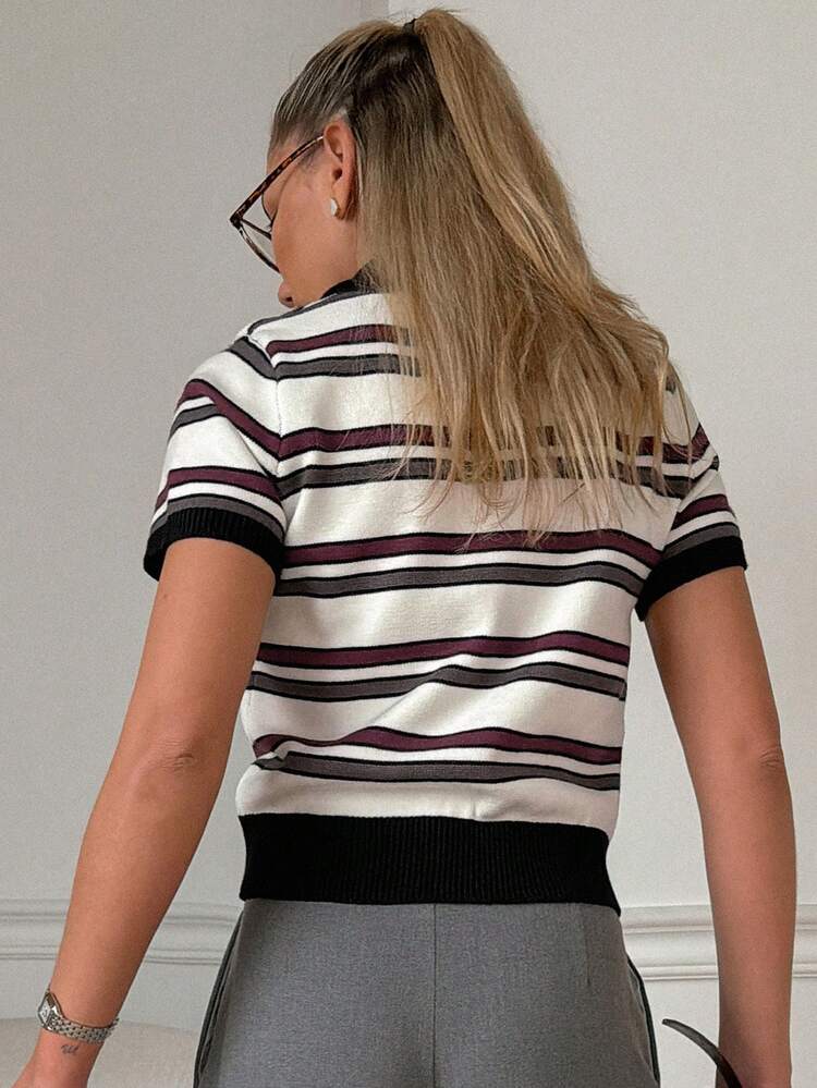 Contrast Striped Polo Collar Short Sleeve Fitted Casual Formal Spring/Autumn Knit Top For Women