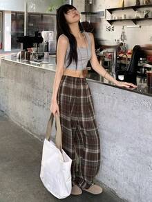 Dazy Tall Women's Tall Plaid Straight Leg Casual Pants