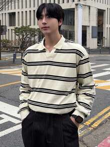 DAZY Men's Striped Black & White Polo Shirt, Spring/Autumn - Multicolor - View 5