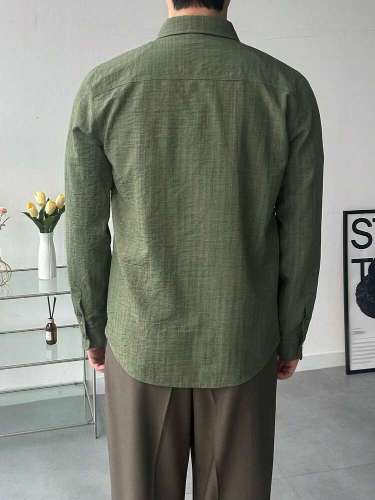Slim Fit Embroidered Pattern Military Green Casual Shirt For Men, Spring/Autumn Long Sleeve Tops