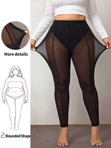Enliva Collants en maille à taille élastique de couleur unie pour femmes grandes tailles, pour la forme de corps arrondie, pour l'été - Noir - Voir 1