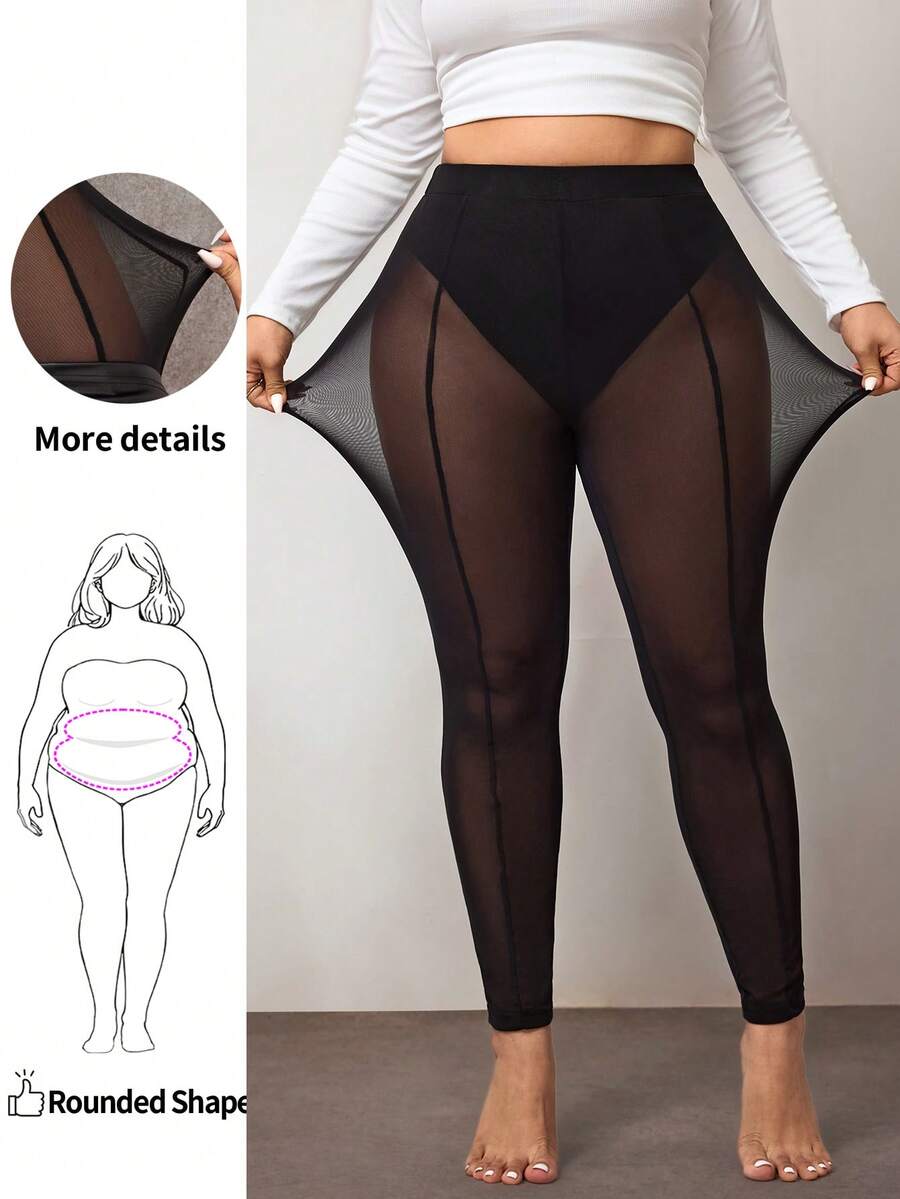 Enliva Collants en maille à taille élastique de couleur unie pour femmes grandes tailles, pour la forme de corps arrondie, pour l'été - Noir - Voir 1