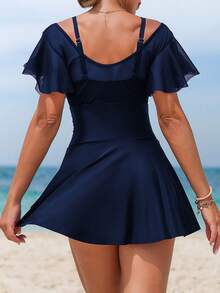 Swim Lushoire Robe de maillot de bain une pièce pour femmes avec encolure en V, manches à volants et empiècement en maille. Couleur unie, nouvelle arrivée pour l'été - Bleu marine - Voir 2