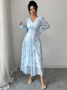 Modelyn V-Neck Ruched Lantern Sleeve Women's Dress - Blue - View 3