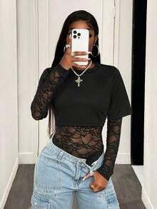 SHEIN PETITE Women's Long Sleeve Sexy Lace Bodysuit - Black - View 6