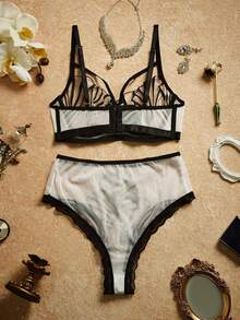 两件套网纱拼接刺绣内衣套装 - 黑與白 - 查看 2