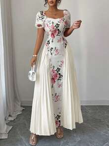 Elenzga Robe mi-longue élégante pour femmes, style français léger pour les vacances, les voyages, et les sorties. Design contrasté Top de gamme avec motif floral rose. Idéale pour la Saint-Valentin et les rendez-vous. Avec manches bouffantes et col carré plissé. - Multicolore - Voir 4