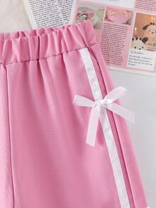 SHEIN Bộ 2 món cho bé gái sơ sinh/trẻ nhỏ: áo thun cổ tròn dệt kim và quần dài có nơ thắt lưng dệt kim đính sequin hình bướm, trang phục thể thao thời trang, mùa thu/đông. - Hồng - Xem 6