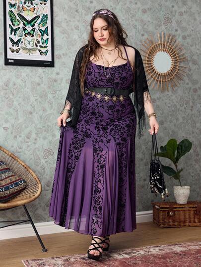 Robe vintage hippie élégante à encolure drapée en maille floquée pour femmes grandes tailles, violet foncé