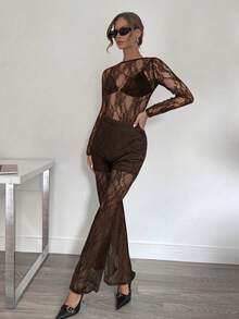 Siren Gaze 2pcs Women's Sexy Sheer Lace Top And Lace Pants Set, Stylish Design, Spring/Summer Sheer Outfits For Women Mesh Two Piece Set Lace 2 Piece Set - Coffee Brown - View 4