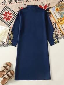 Tween Boys' Embroidered Metallic Print Long Robe, Suitable For Parties, Holidays, And Vacations - Navy Blue - View 2