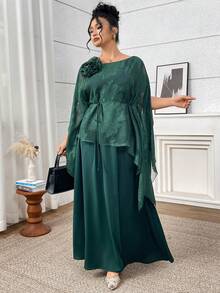 Modelyn Plus Size Elegant Commuter Floral Decor Shirt And Skirt 2 Pieces Set - Dark Green - View 5
