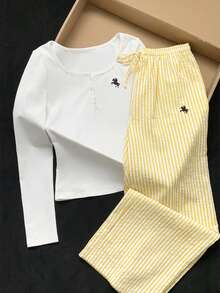 Comfortcana Women's Knight Print Button-Up Long Sleeve T-Shirt And Striped Pants Casual 2-Piece Set - Yellow - View 7