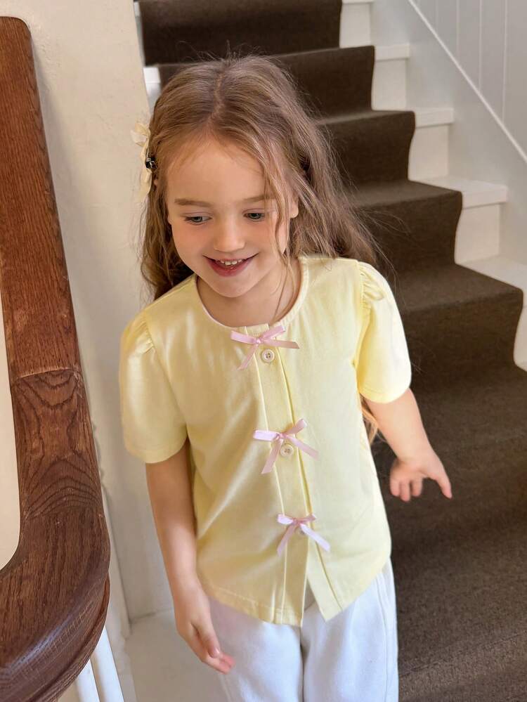 Young Girl Bow Decor Front Button Round Neck Short Sleeve T-Shirt