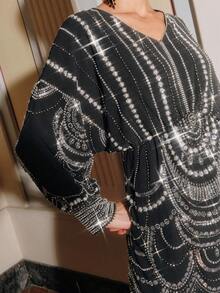 Anewsta Áo choàng Kaftan cao cấp màu đen thanh lịch, thắt eo, thêu chỉ vàng và đính cườm thủ công. - màu đen - Xem 2