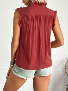 Women's Western Casual Red Crinkle Fabric Ruffle V-Neck Gathered Shoulder Blouse, LanaWest - Red - View 2