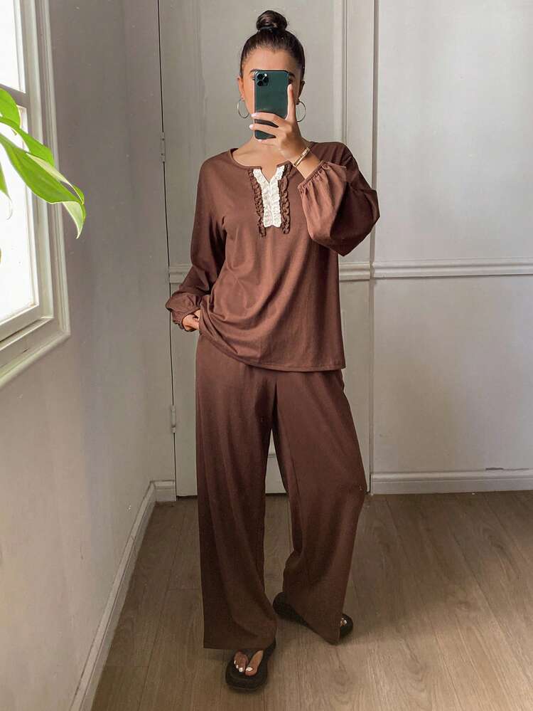 Mushroom Lace Trim Lantern Sleeve Loose Women Pajama Set