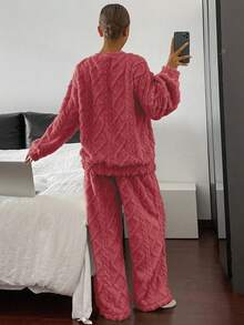 DAZY 2pcs Women Textured Fleece Thick Loose Long Sleeve Top And Pants Pajama Set, Autumn/Winter - Pink - View 2