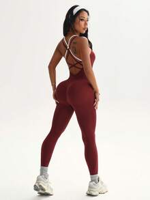 Seamluxe SHEIN Sport Seamless High Elasticity Yoga Fitness Sports Backless Jumpsuit - Burgundy - View 5