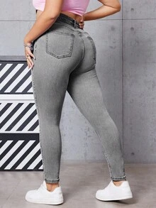 SHEIN EZwear 大码女式高腰口袋修身休闲百搭牛仔裤 - 灰色 - View 2