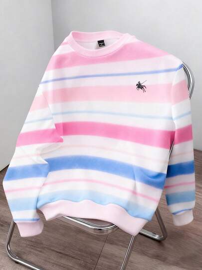 Manfinity Joysei 加大码男士多巴胺条纹小Logo套头卫衣，时尚粉色卫衣，适合作为朋友礼物，男女通用