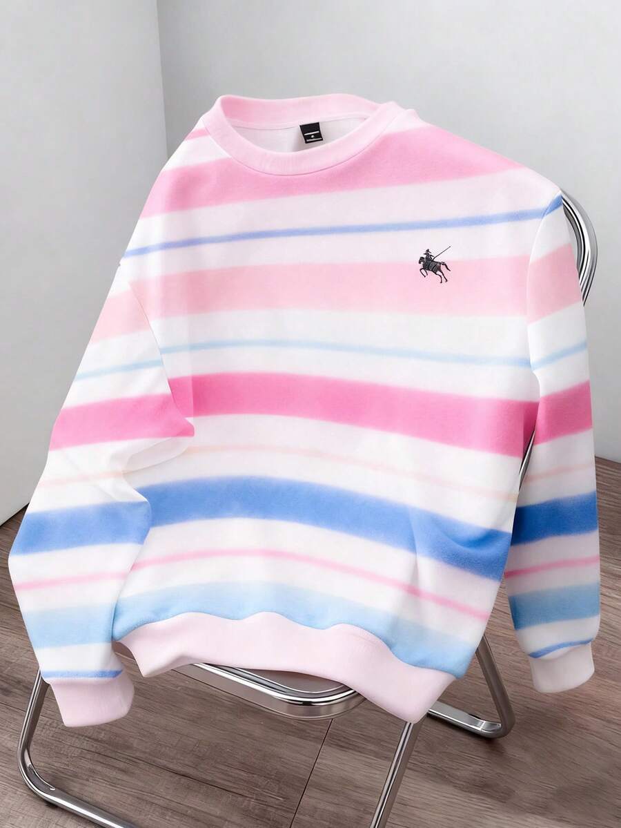 Manfinity Joysei 加大码男士多巴胺条纹小Logo套头卫衣，时尚粉色卫衣，适合作为朋友礼物，男女通用 - 粉色 - 查看 1