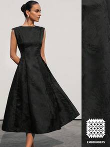 Aveloria Modichic 新款优雅高贵女士约会高端奢华简约精致提花面料圆领无袖收腰喇叭连衣裙 - 黑色 - 查看 1