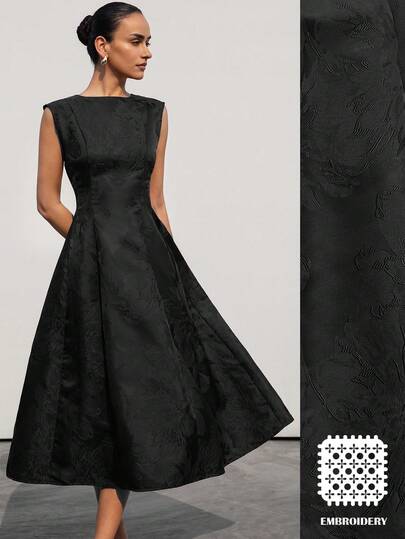 Aveloria Modichic 新款优雅高贵女士约会高端奢华简约精致提花面料圆领无袖收腰喇叭连衣裙