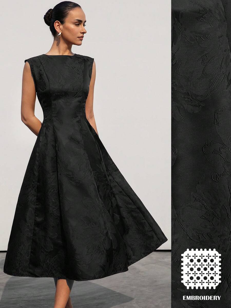 Aveloria Modichic 新款优雅高贵女士约会高端奢华简约精致提花面料圆领无袖收腰喇叭连衣裙 - 黑色 - 查看 1