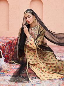 Al Najma Vestido árabe holgado con estampado floral, cuello con muesca y mangas acampanadas de malla, estilo modesto de vacaciones - Amarillo - Ver 4
