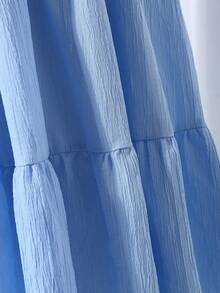 Teenage Girls' Elegant Textured Jacquard Lantern Sleeve Layered Dress, Suitable For Daily Wear And Various Occasions, Spring/Summer, Blue - Blue - View 7