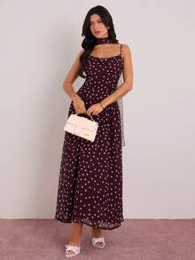 Enchnt Spring/Summer Romantic Women's Brown Polka Dot Print Sleeveless Dress With Neck Ribbon,Sweet&Elegant For Vacation&Date&Holiday&Going Out&Valentine's Day,Spring Outfit Women - Burgundy - View 5