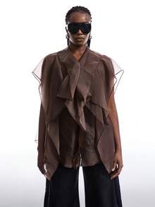 LYSMO Plus Size Women's Coffee Brown Ruffle Collar Button Front Mesh Panel Elegant Bohemian Style Blouse Sheer Tops - Brown - View 3